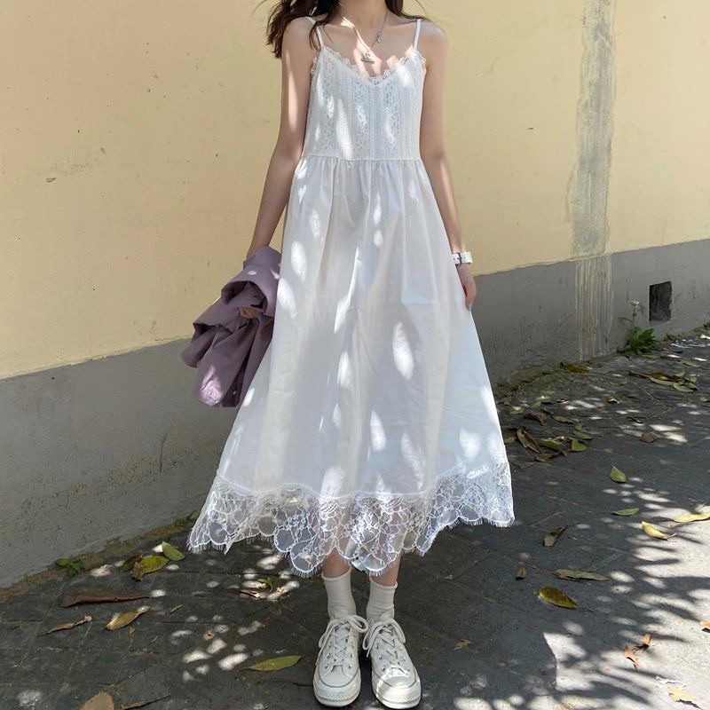Váy hai dây babydoll viền ren - Đầm xòe 2 dây trắng Maina