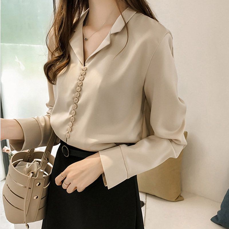 Áo sơ mi cổ chữ V dáng rộng màu trơn thanh lịch cho nữ