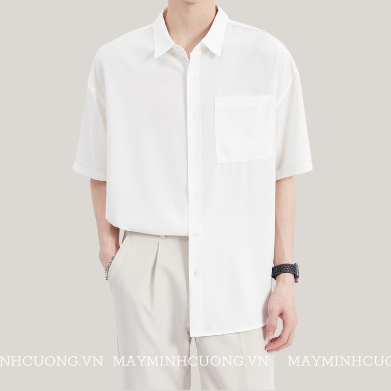 Áo sơ mi nam form rộng unisex, sơmi tay ngắn cổ bẻ, túi ngực vải lụa chống nhăn Mã: STN
