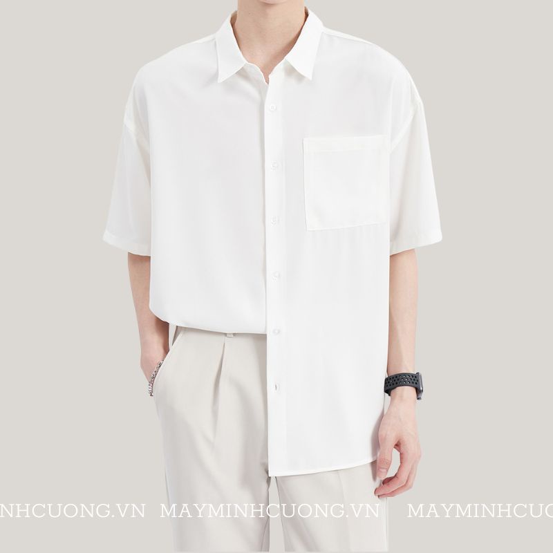 Áo sơ mi nam form rộng Giá Xưởng unisex, sơmi tay ngắn cổ bẻ, túi ngực vải lụa chống nhăn Mã: STN