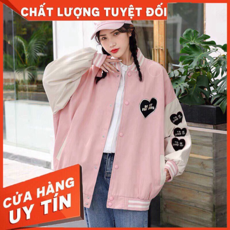 Áo Khoác Nữ, Áo Khoác Bomber Chất Kaki Bo Dệt Hình Tim 2 Màu Hồng/Đen Siêu HOT - Hàng nhập khẩu