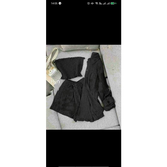 [8.8 Sales Freeship] Set bộ 3 món xốp chỉ,set áo sơ mi + áo ống kèm quần short đùi phồng đi dạo đi biển cực dễ thương dx