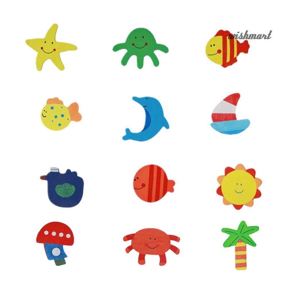 12Pcs Wooden Cartoon Sun Fish Fridge Magnet Stickers Education Kid Toy Art Decor