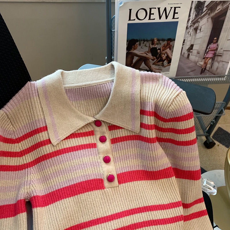 Áo sweater Dệt Kim Kẻ Sọc Màu Tương Phản Phong Cách Phương Tây Thời Trang Mùa Thu Cho Nữ