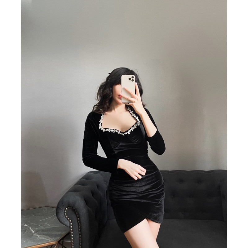 Đầm Nhung Viền Đá