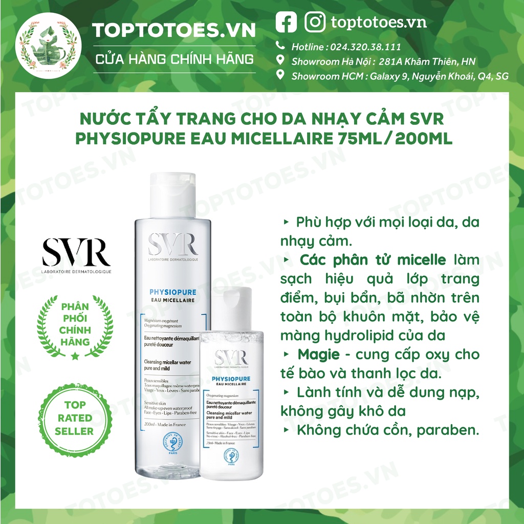 Nước tẩy trang cho da nhạy cảm SVR Physiopure Eau Micellaire 75ml/ 200ml [NHẬP KHẨU CHÍNH HÃNG 100%]