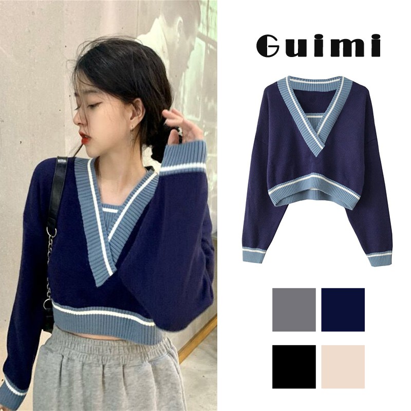  【Guimi】Áo sweater cổ V dài tay dáng rộng giả hai lớp thời trang retro Hàn Quốc