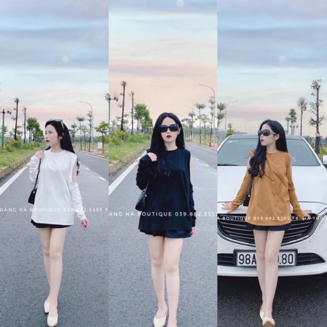 BÁN SỈ ÁO PHÔNG HỞ VAI ĐEN TRẮNG NÂU CHO NỮ Xịn