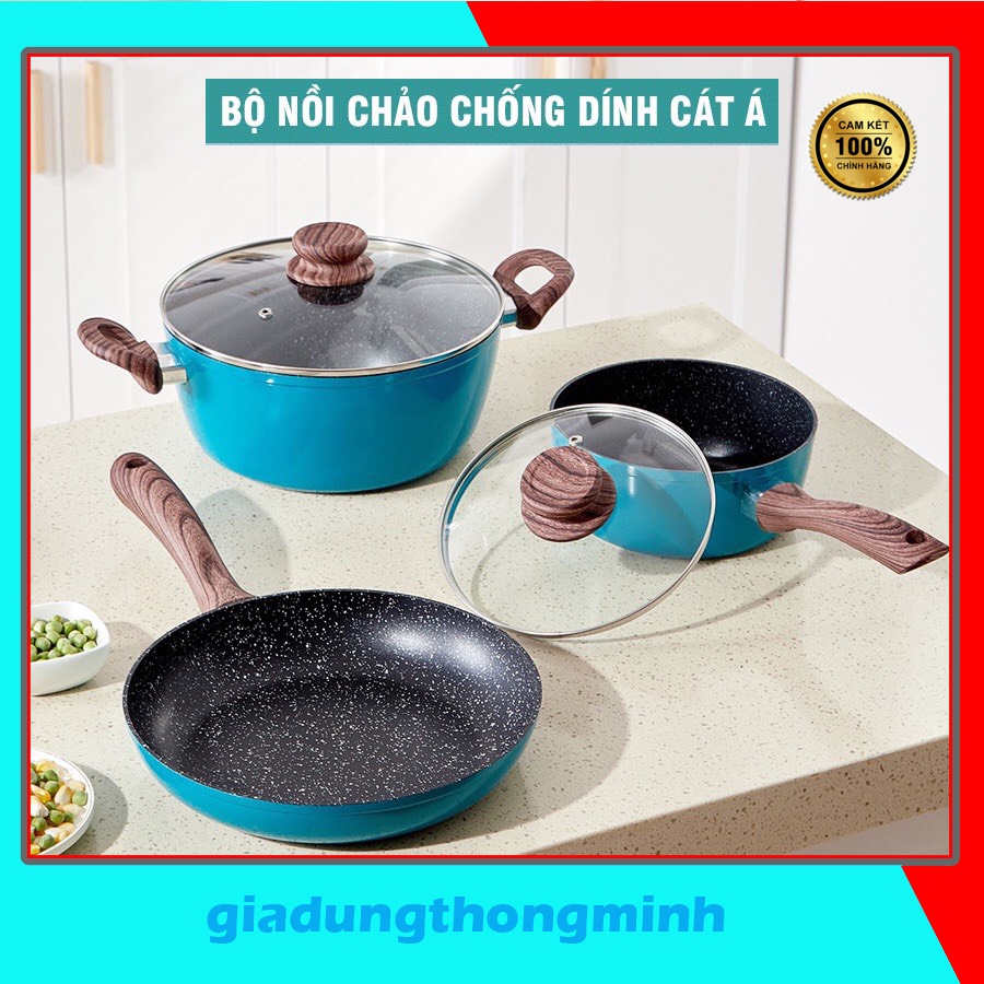 Bộ nồi chảo vân đá bếp từ cao cấp chống dính Cát á, size đáy từ 18-24cm, không kén bếp