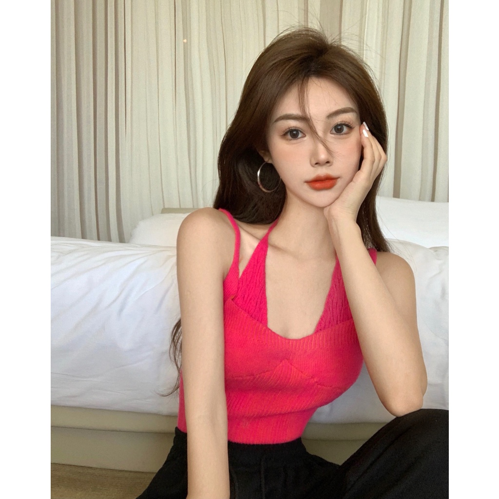 Cocory vn Áo dệt kim hai dây ôm dáng phong cách Hàn Quốc quyến rũ dành cho nữ