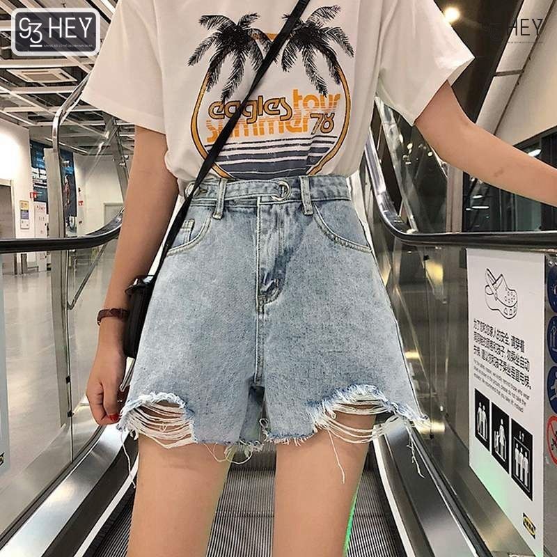 Quần Short Jean Nữ Ống Rộng Cạp Cao Rách Gấu Màu Xanh Đai Cúc Phong Cách 93HEY QS05 | WebRaoVat - webraovat.net.vn