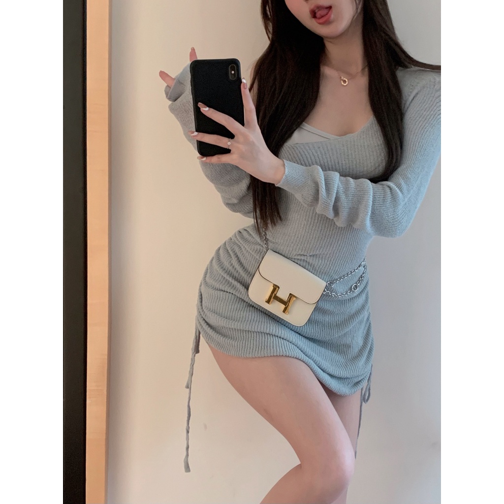 Đầm dệt kim trễ vai dáng ôm phối dây rút cá tính cho nữ