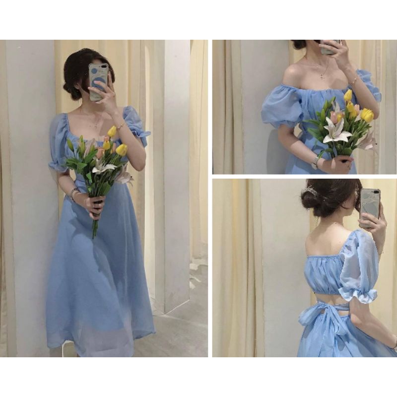 Đầm xanh cổ vuông xếp li ngực cột nơ lưng dáng dài tiểu thư