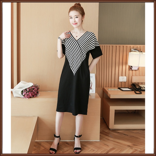 Đầm Midi Tay Ngắn Cổ Chữ V Họa Tiết Kẻ Sọc Thời Trang Cho Nữ