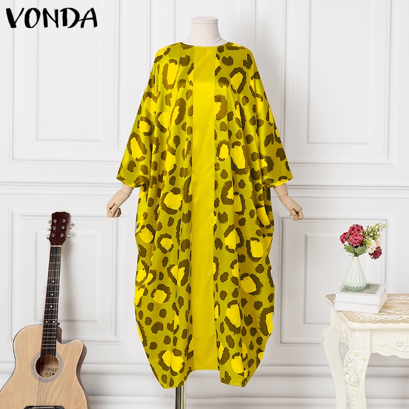 Đầm VONDA tay dài cánh dơi cổ tròn in họa tiết da báo phong cách vintage dành cho nữ
