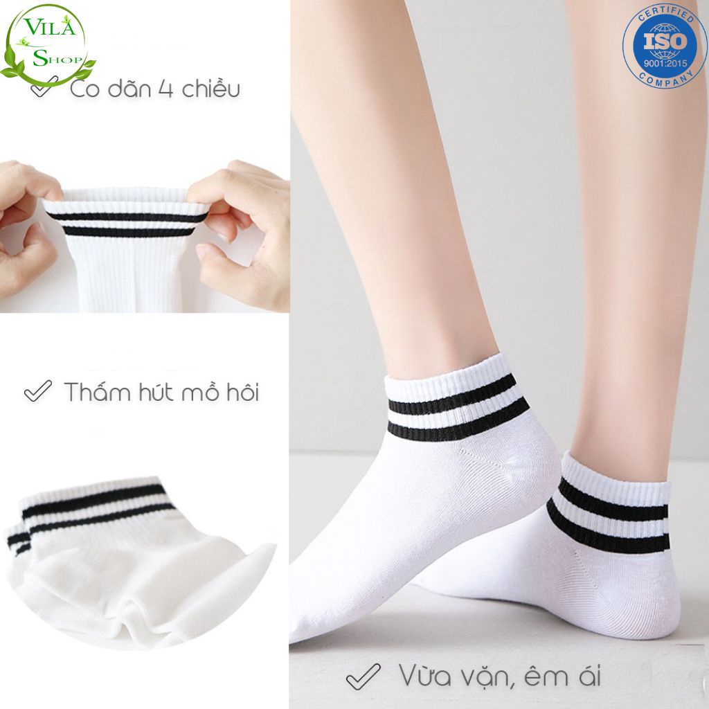 (Set 5 Đôi) Tất Vớ Nam Nữ, Tất Thể Thao, Vớ Kẻ Sọc Ngang Chất Liệu Cotton Phong Cách Hàn Quốc