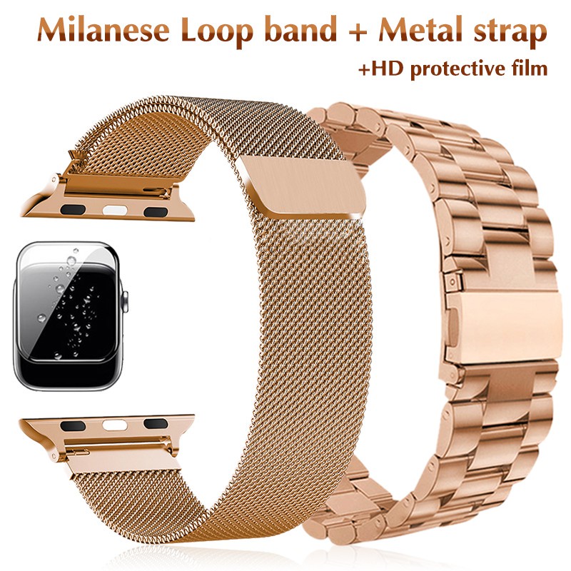 Dây Đeo Inox + Kính Cường Lực Bảo Vệ Màn Hình Cho Đồng Hồ Thông Minh iwatch series 7 6 5 SE 8 49mm 45mm 41mm 40mm 44mm