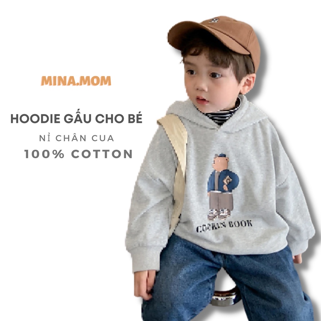 Áo nỉ thu đông, hoodie dài tay in gấu phong cách Hàn quốc cho bé trai, bé gái size 1,2,3,4,5,6 tuổi