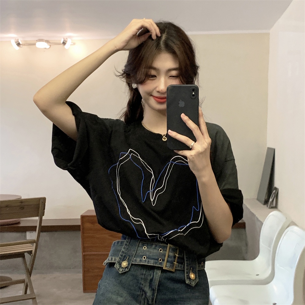 QKOOLE Áo thun  cotton ngắn tay in họa tiết cổ điển cá tính phong cách Hàn Quốc cho nữ