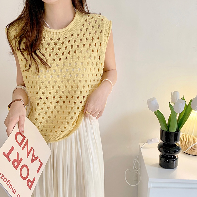 Áo dệt kim IELGY không tay cổ tròn màu trơn thời trang cho nữ