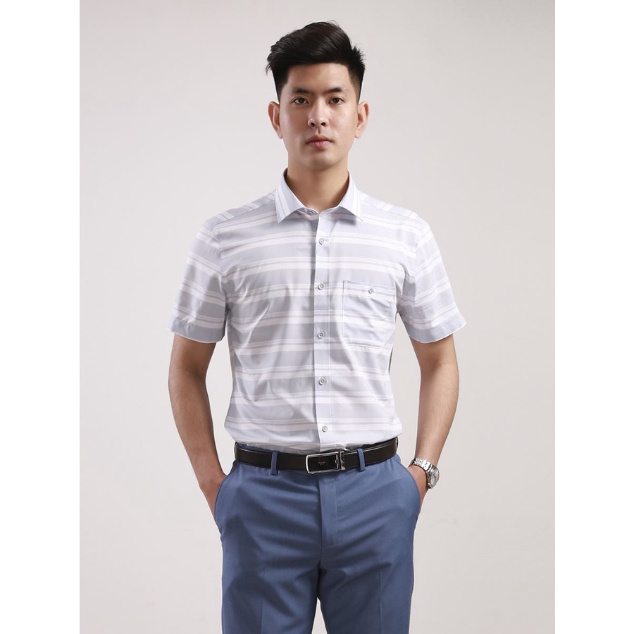 Áo sơ mi nam ngắn tay ARISTINO ASS076S8 xám kẻ trắng ngang, chất modal sợi sồi, tà bằng, dáng reguler fit