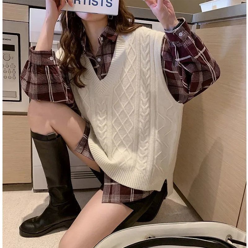 Áo sweater nữ không tay dáng rộng cổ V thiết kế mới thời trang phong cách Hàn Quốc