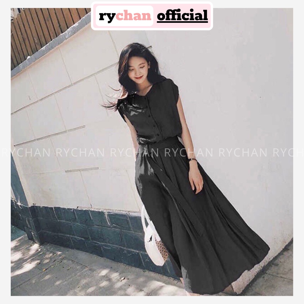 Đầm Xoè Đen Dáng Dài Sơ Mi Cổ Trụ Kèm Belt - DX000