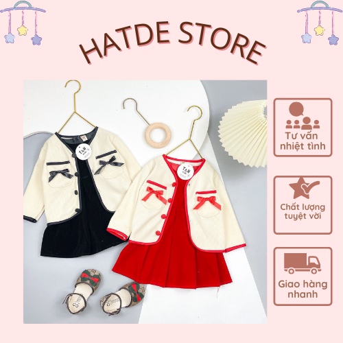 Set váy áo tiểu thư bé gái Hatdestore 2 màu đỏ/ đen dáng xòe chất liệu nhung ấm áp sang chảnh