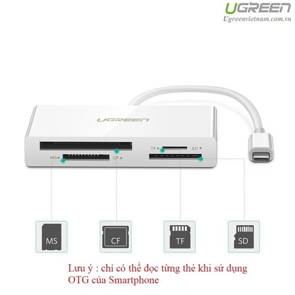 Đầu đọc thẻ USB Type-C cho thẻ nhớ TF/SD/CF/MS Ugreen 40444 cao cấp