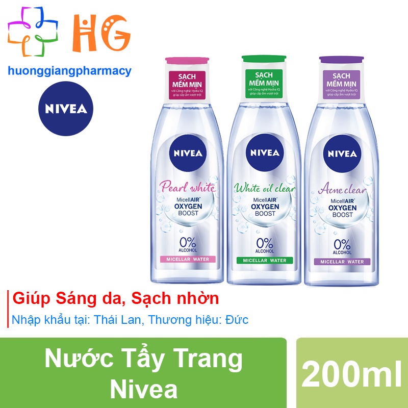 Nước tẩy trang Nivea Giúp sáng da Kiểm soát nhờn Không cồn làm sạch da kháng mụn cấp ẩm cân bằng độ ph cho da Chai 200ml