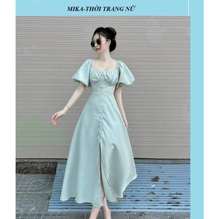 Đầm maxi tay phồng nút bọc nhúm ngực xẻ tà xinh lung linh