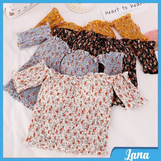 Áo trễ vai LaNa dáng croptop cúp ngực, tay bo ôm body phối họa tiết hoa nhí giấu eo, tôn dáng C42