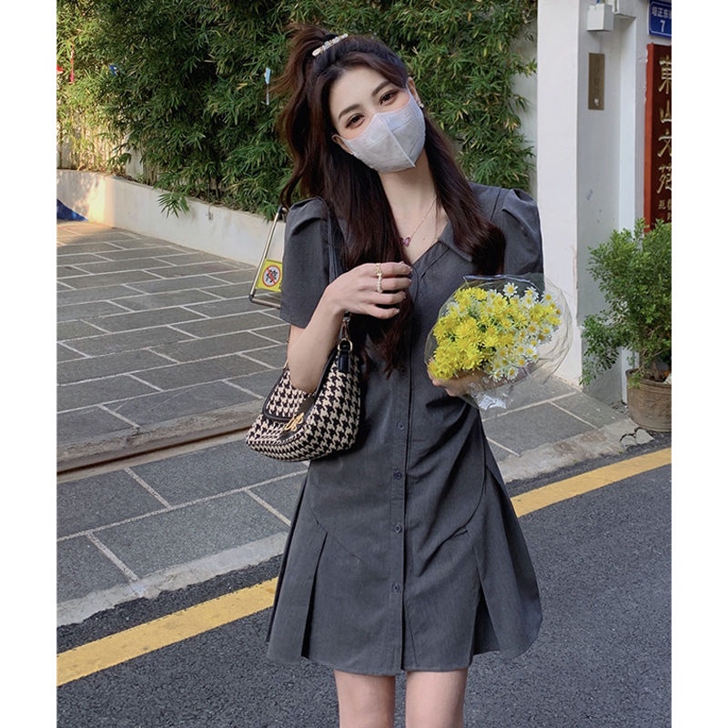 Đầm Tay Ngắn Dáng Chữ A Thiết Kế Chiết Eo Phong Cách Pháp Thời Trang Cho Nữ