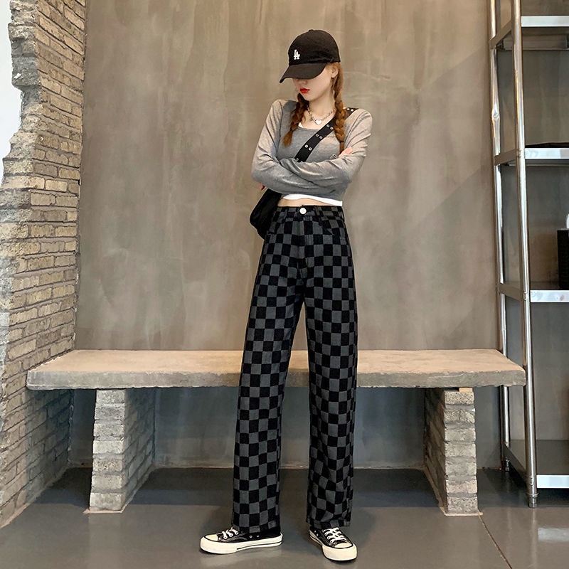 Quần jean IELGY ống rộng dáng suông họa tiết sọc mới cho nữ