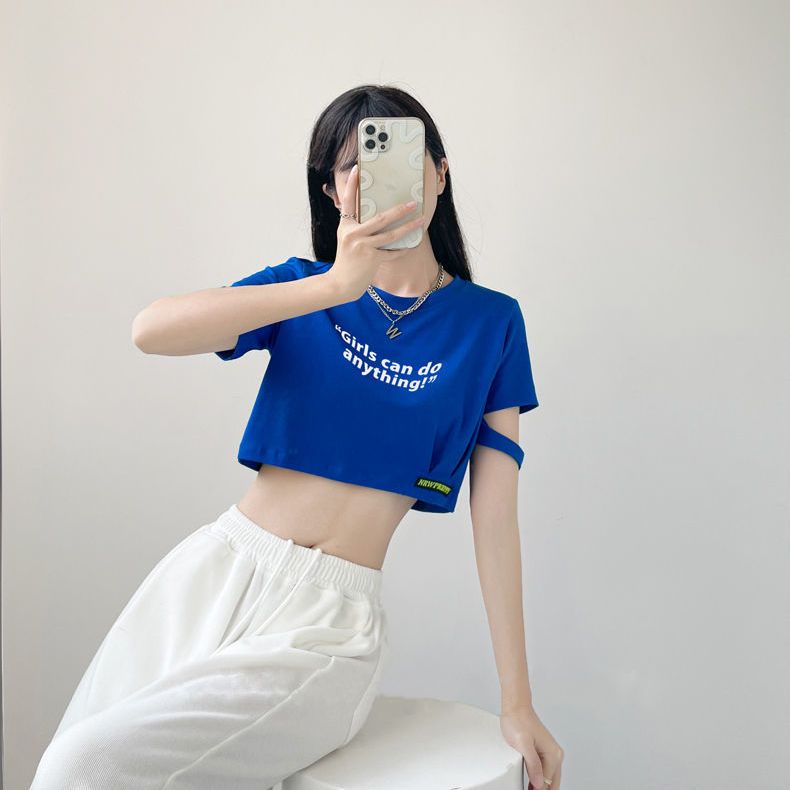 Áo Thun Dáng Rộng Ngắn Hở Rốn Màu Xanh Dương Hợp Thời Trang Mùa Hè Hàng Mới Dành Cho Bạn Nữ Thiết Kế Cảm Giác Cưỡi Sóng Gió Độc Đáo