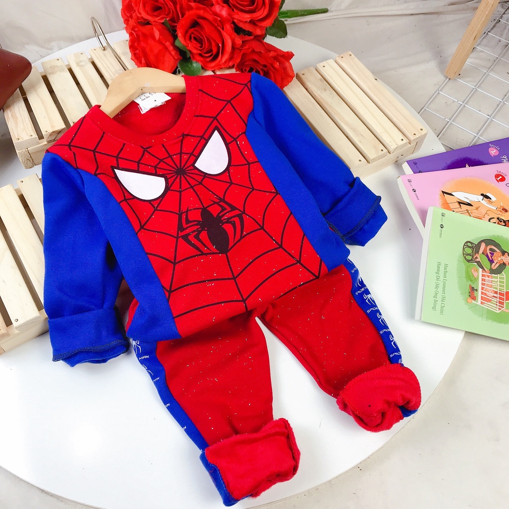 Đồ bộ quần áo bé trai thu đông dài tay siêu nhân Spiderman chất lót lông và cotton cho bé 12-20kg