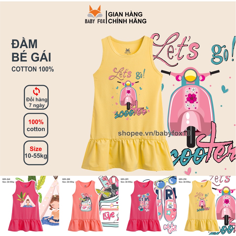 Váy đầm bé gái thun size nhỏ, trung, đại 100% cotton loại tốt, thương hiệu BABY FOX, in hình xinh xắn h