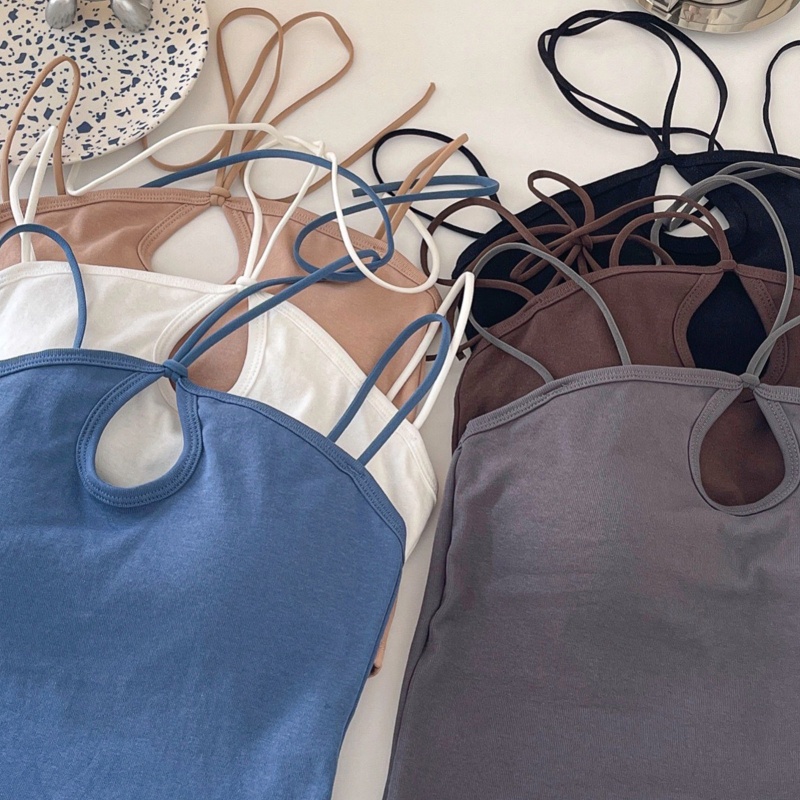Brroa Áo Crop Top Hai Dây Cotton Cơ Bản Với Đệm Ngực Khoét Lỗ Khóa Chéo Màu Trơn Gợi Cảm Cho Nữ