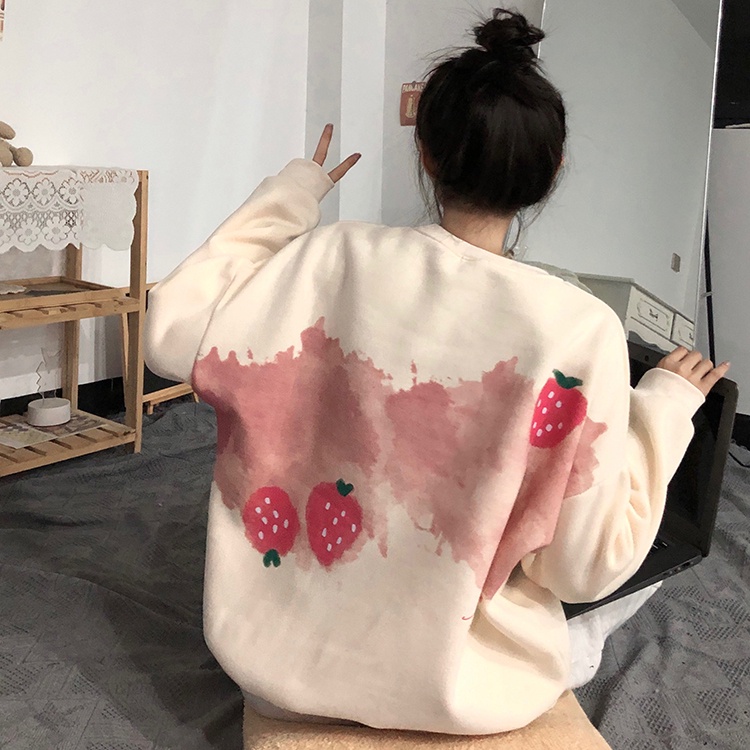QOEDDV Áo nỉ dài tay cổ tròn thời trang Hàn Quốc cho nữ