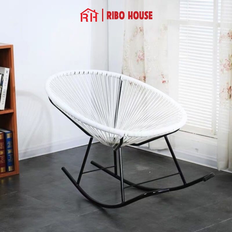 Ghế thư giãn bập bênh RIBO HOUSE giả mây nhựa khung kim loại, ghế để ban công phòng khách trang trí quán cà phê RIBO207