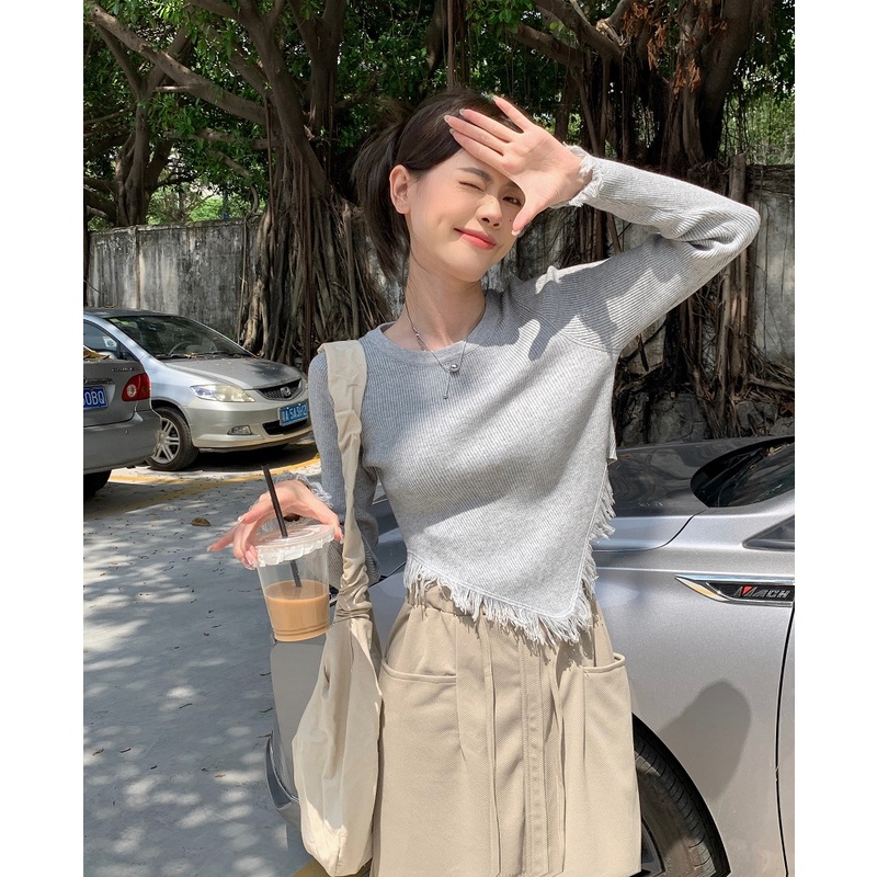 Áo ZHELIHANGFEI dệt kim tay dài dáng ngắn phối tua rua thiết kế lệch tà cá tính cho nữ