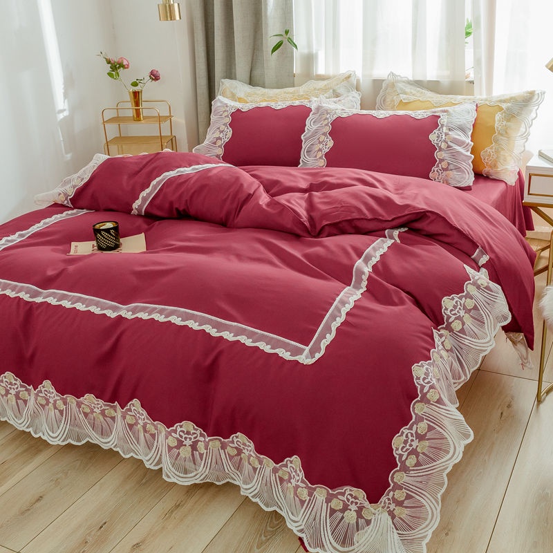 Korean Princess Feng Shui washed cotton bed skirt three or four piece set net red girl lace quilt cover solid color bedspread fitted sheet
