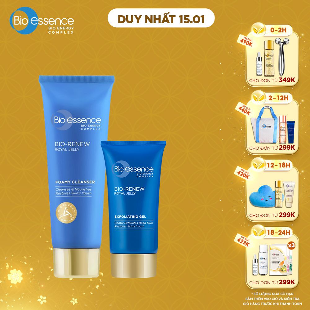 Bộ Gel tẩy tế bào chết Bio-Essence Bio-Renew 60g + Sữa rửa mặt dưỡng da (da dầu &amp; hỗn hợp) Bio-essence Bio-Renew 100g