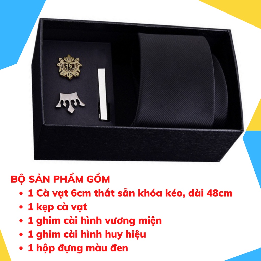 Bộ Cà vạt 6cm làm Quà tặng cho nam, gồm Cà vạt thắt sẵn khóa kéo bản nhỏ, Kẹp cà vạt, Ghim cài áo thời trang Nam CCV-03A