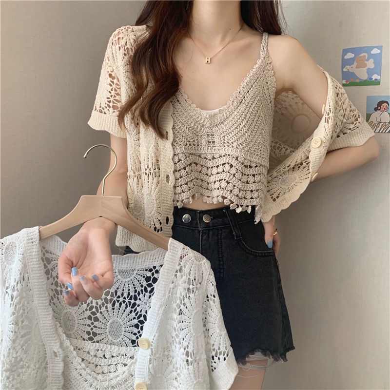 Áo Cardigan Ngắn Tay Phong Cách Phương Tây Mới + Áo Hai Dây Đan Móc