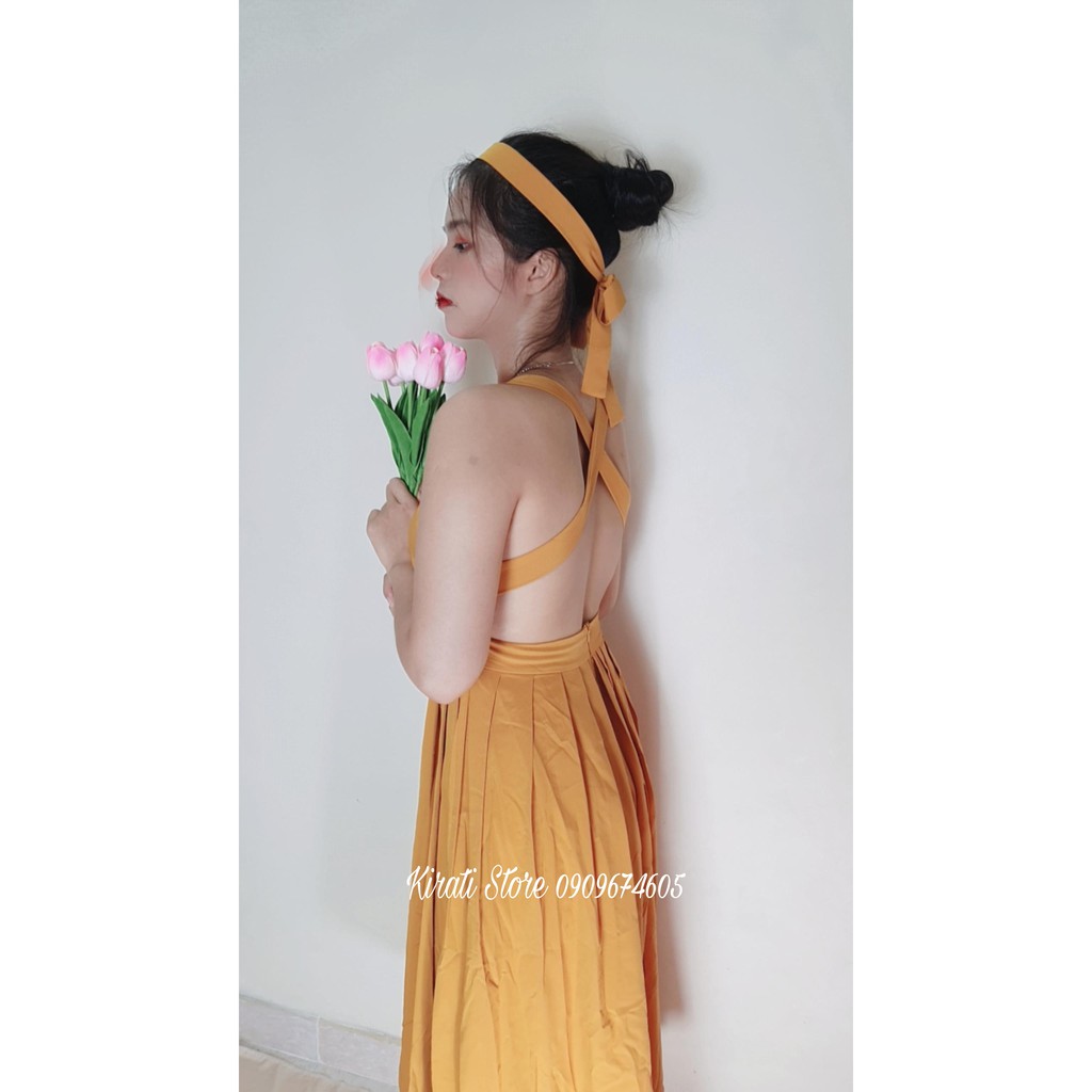 (CÓ ẢNH THẬT SHOP TỰ CHỤP) Đầm Maxi Vàng Đi Biển Xếp Ly Chéo Lưng Siêu Hot Kèm Turban