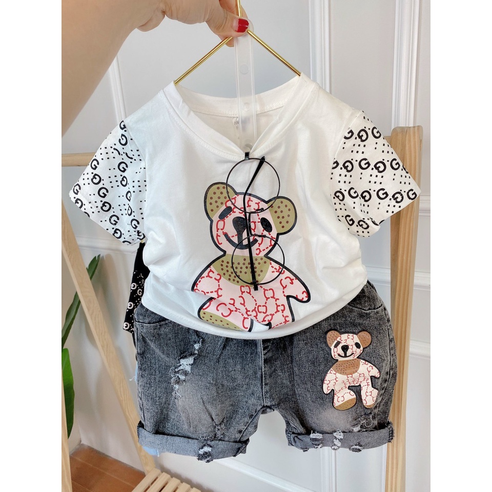 Áo cộc tay bé trai, set bộ áo gấu GC phối tay kèm quần short jean xịn sò cho bé