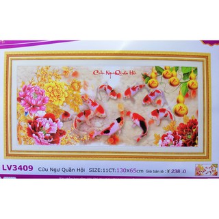 Tranh thêu chữ thập Cửu ngư quần hội LV3409