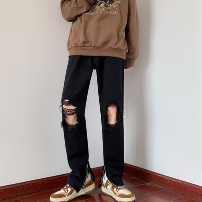 Quần Jean nam hàn quốc quần jean nam đen rách gối oversize quần jean nam cao cấp