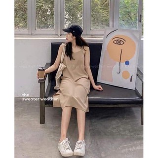 Váy 2 dây, đầm xuông - chất đũi lụa trơn basic nữ